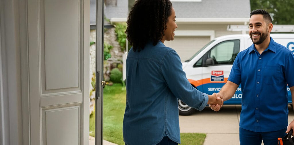 Technician and a customer shake hands in front of a HVAC service van with branding, indicating a professional greeting or agreement.