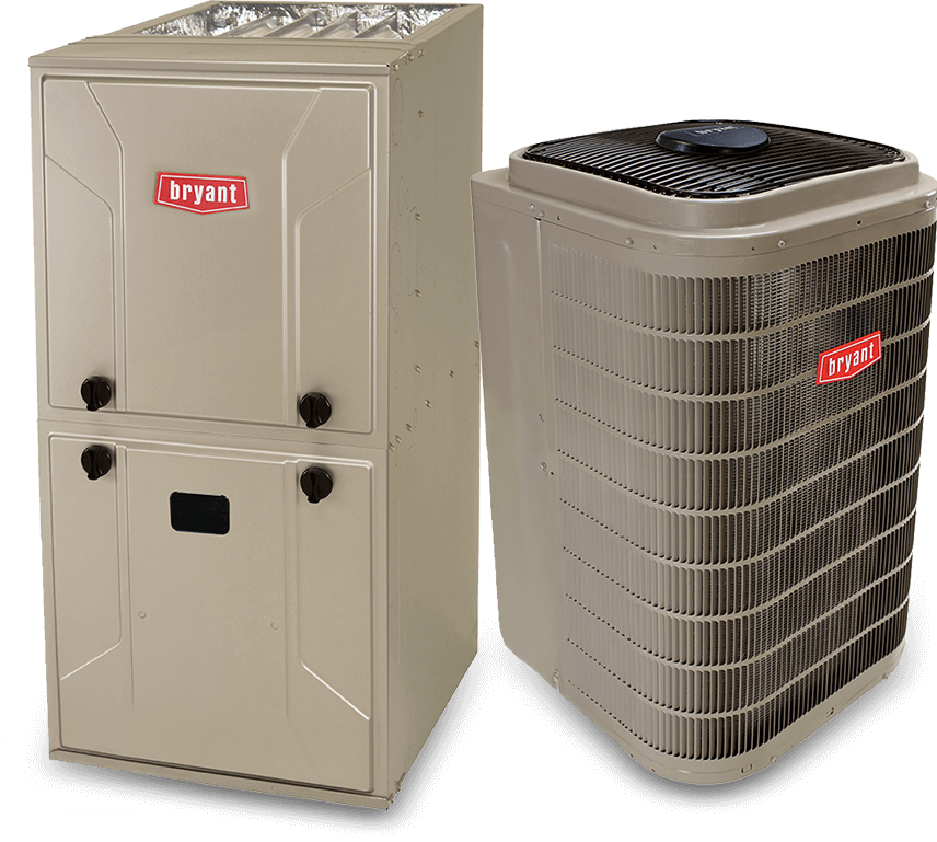 Bryant HVAC system featuring a beige furnace unit on the left and a matching outdoor air conditioning unit on the right.
